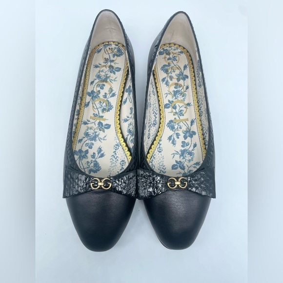 Gucci Black Leather Snake skin bow embellished GG Ballerina flats EU 38.5 - Picture 8 of 13